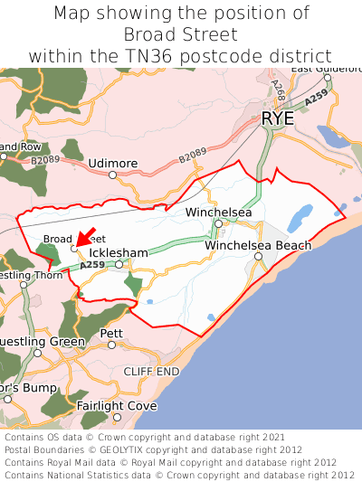Map showing location of Broad Street within TN36