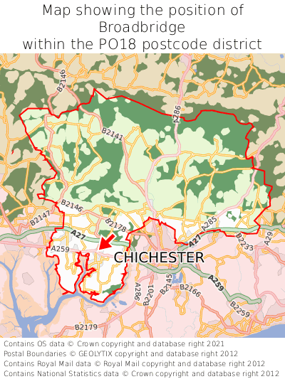 Map showing location of Broadbridge within PO18