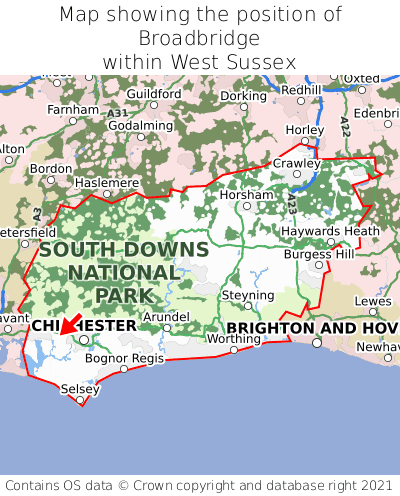 Map showing location of Broadbridge within West Sussex