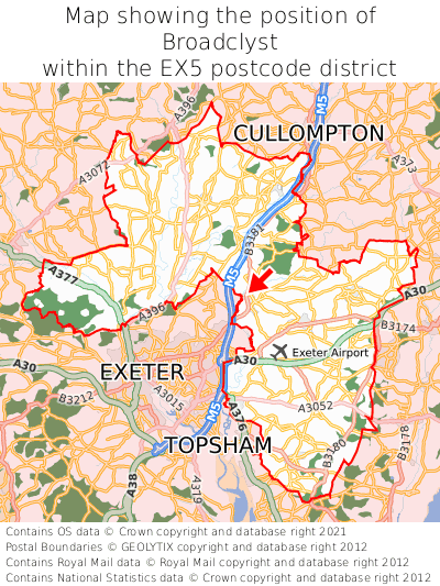 Map showing location of Broadclyst within EX5