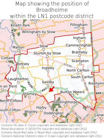 Map showing location of Broadholme within LN1