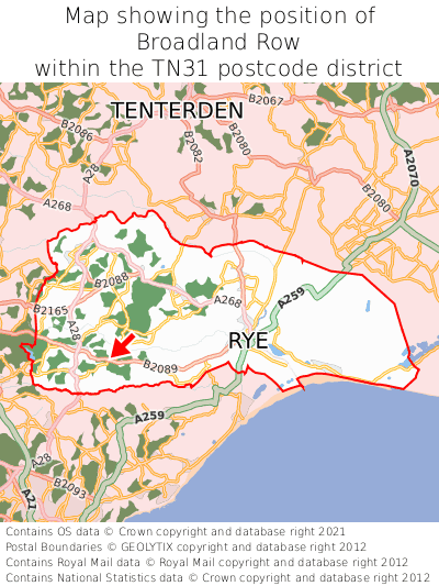 Map showing location of Broadland Row within TN31