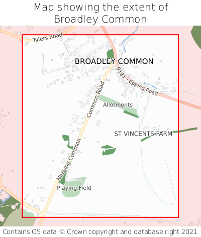 Map showing extent of Broadley Common as bounding box
