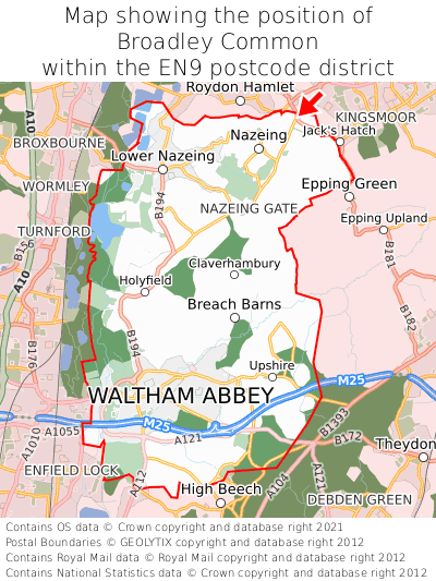 Map showing location of Broadley Common within EN9