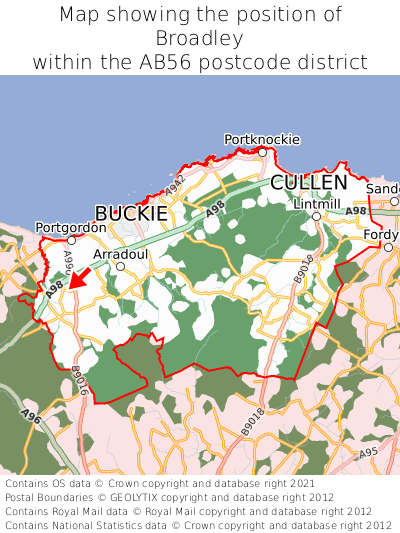 Map showing location of Broadley within AB56