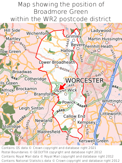 Map showing location of Broadmore Green within WR2