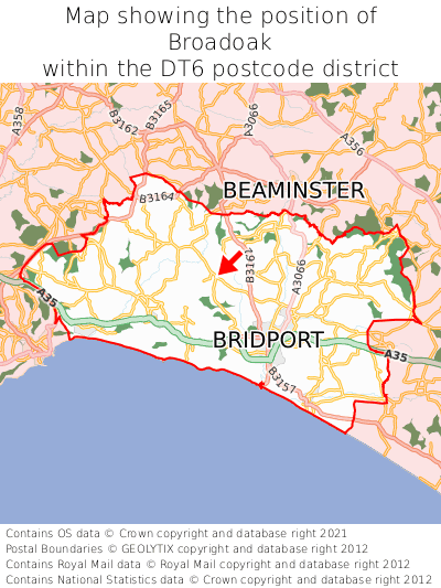 Map showing location of Broadoak within DT6