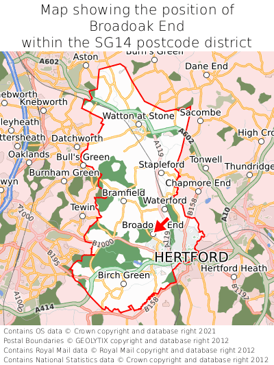Map showing location of Broadoak End within SG14