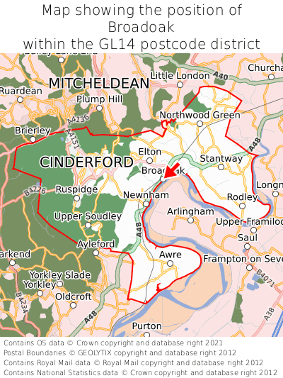 Map showing location of Broadoak within GL14