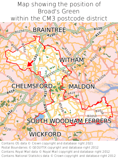 Map showing location of Broad's Green within CM3