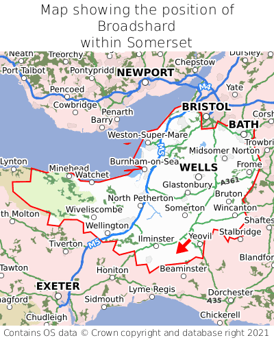 Map showing location of Broadshard within Somerset