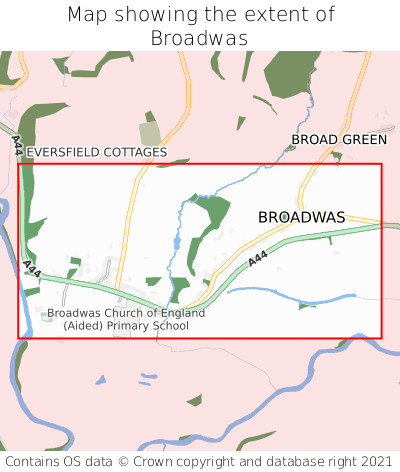 Map showing extent of Broadwas as bounding box