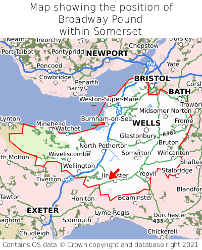 Map showing location of Broadway Pound within Somerset