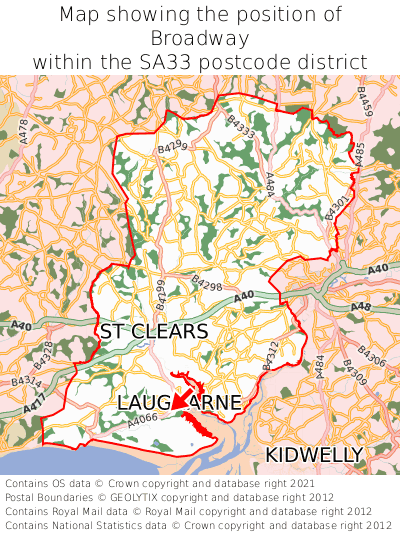 Map showing location of Broadway within SA33