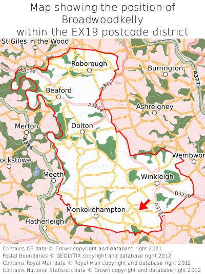 Map showing location of Broadwoodkelly within EX19