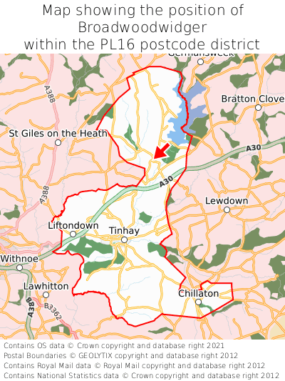 Map showing location of Broadwoodwidger within PL16