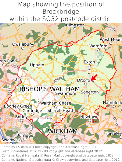 Map showing location of Brockbridge within SO32