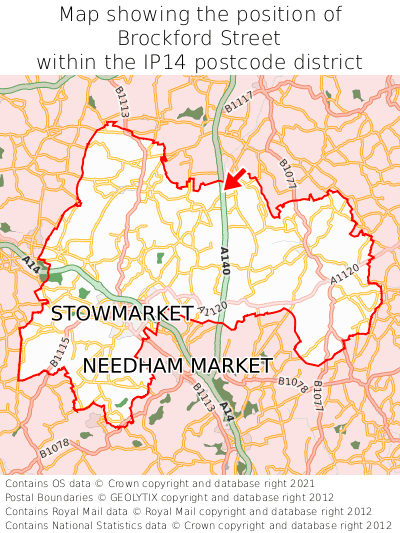Map showing location of Brockford Street within IP14