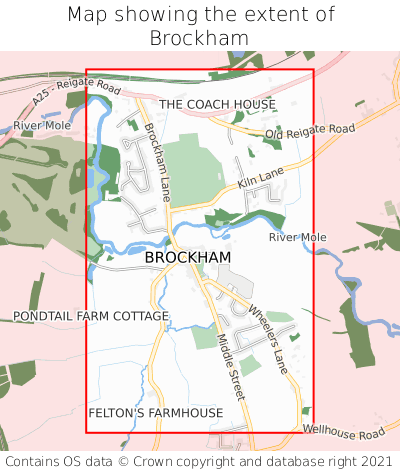 Map showing extent of Brockham as bounding box