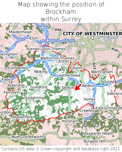 Map showing location of Brockham within Surrey