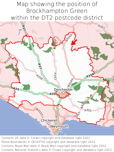 Map showing location of Brockhampton Green within DT2