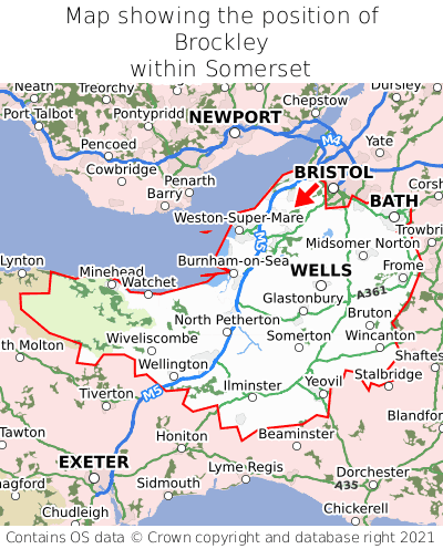 Map showing location of Brockley within Somerset