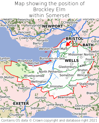 Map showing location of Brockley Elm within Somerset