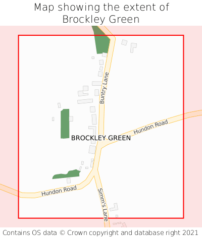 Map showing extent of Brockley Green as bounding box