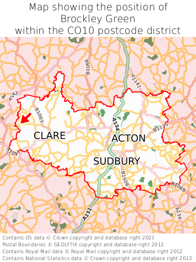 Map showing location of Brockley Green within CO10