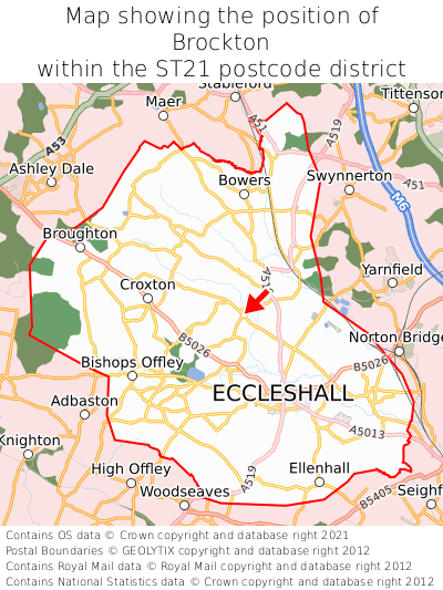 Map showing location of Brockton within ST21