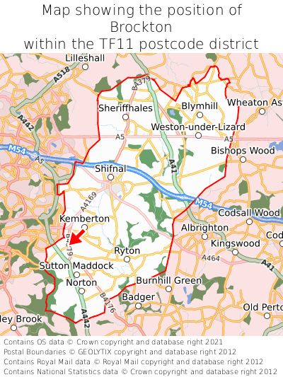 Map showing location of Brockton within TF11