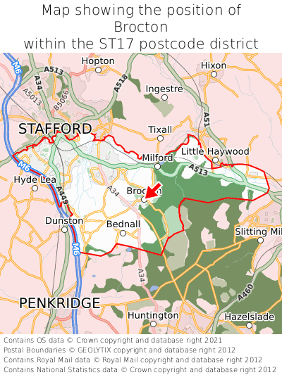 Map showing location of Brocton within ST17