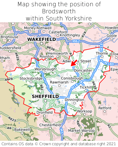Map showing location of Brodsworth within South Yorkshire
