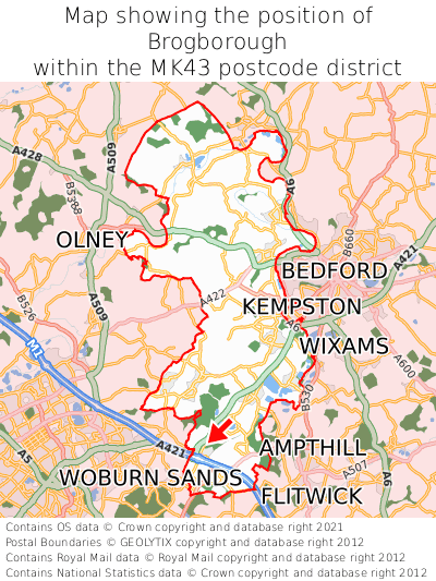 Map showing location of Brogborough within MK43