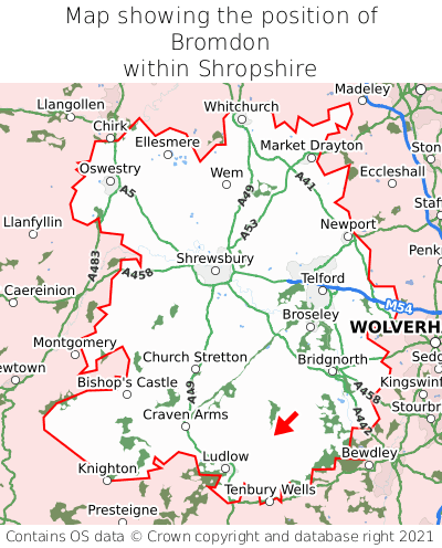 Map showing location of Bromdon within Shropshire
