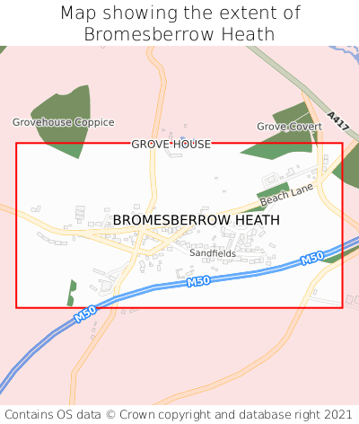 Map showing extent of Bromesberrow Heath as bounding box