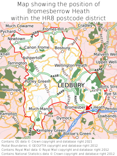 Map showing location of Bromesberrow Heath within HR8