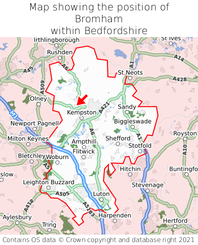 Map showing location of Bromham within Bedfordshire