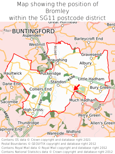 Map showing location of Bromley within SG11