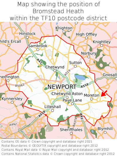 Map showing location of Bromstead Heath within TF10