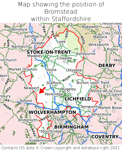 Map showing location of Bromstead within Staffordshire