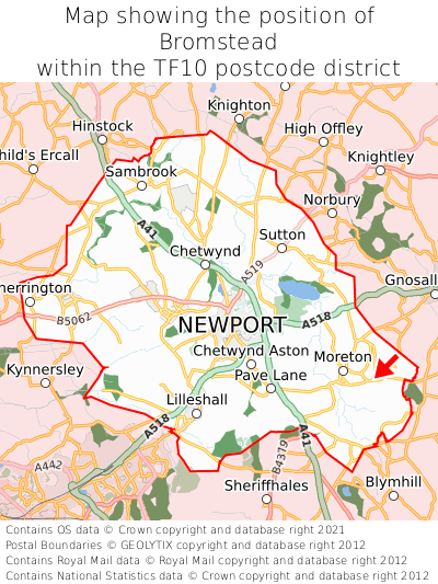 Map showing location of Bromstead within TF10