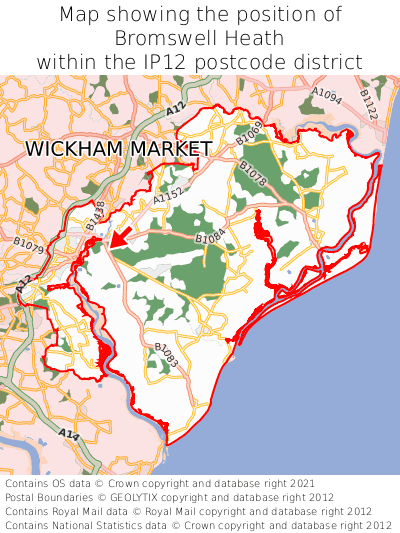 Map showing location of Bromswell Heath within IP12