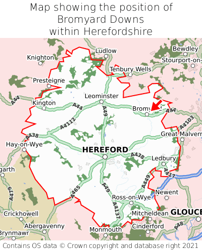 Map showing location of Bromyard Downs within Herefordshire