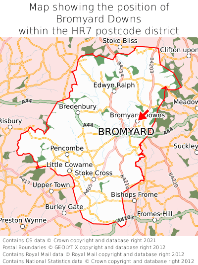 Map showing location of Bromyard Downs within HR7