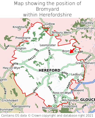 Map showing location of Bromyard within Herefordshire