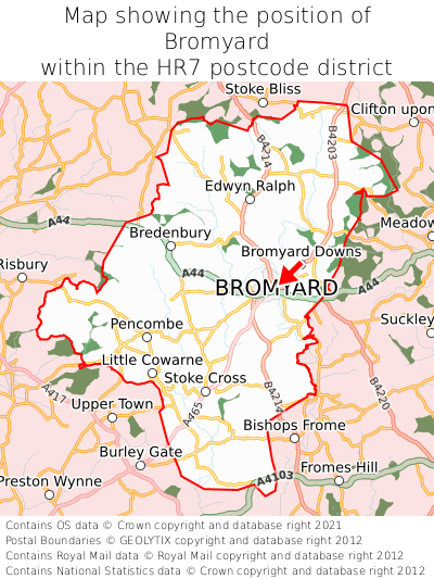 Map showing location of Bromyard within HR7
