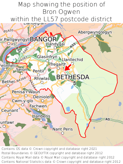 Map showing location of Bron Ogwen within LL57