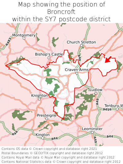 Map showing location of Broncroft within SY7