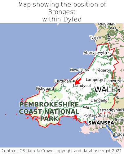 Map showing location of Brongest within Dyfed